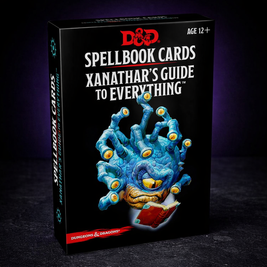D&D Xanathar's Guide Spell Cards Reference Deck on black slate tabletop Dice Armory studio background