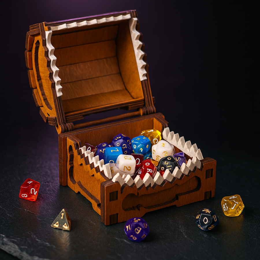 Starfang Wooden Mimic Dice Box, Teeth & Blue Eyes Desk Decor