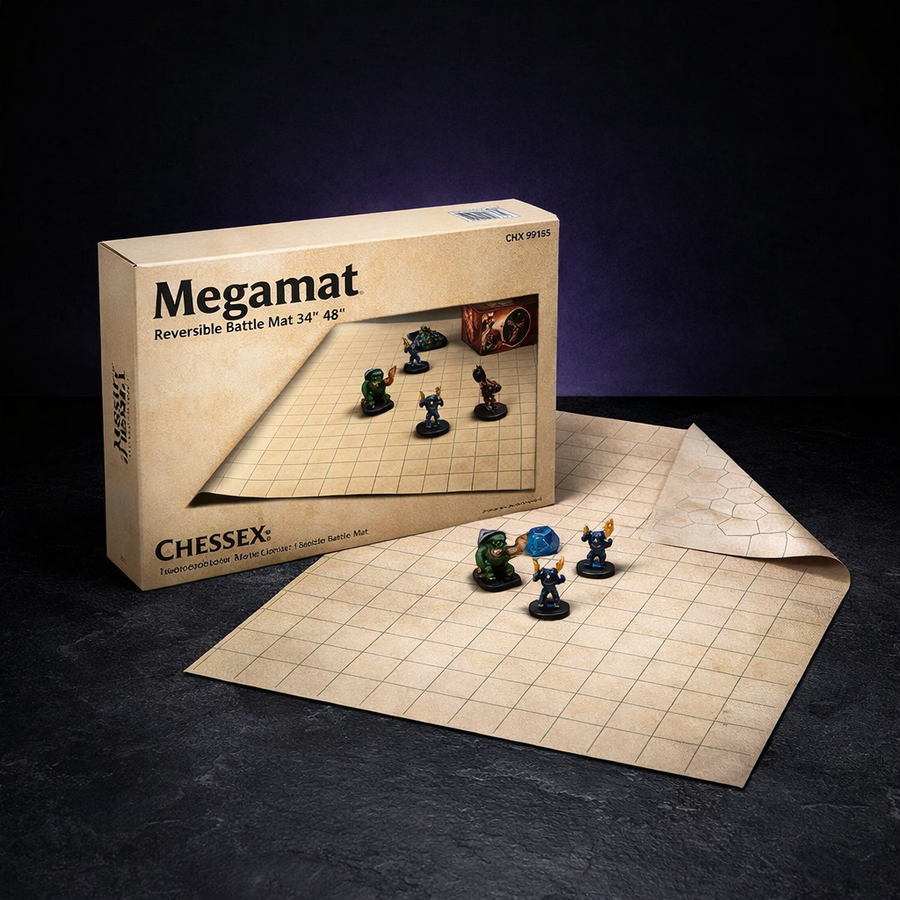 Chessex Megamat Reversible Battle Mat 34x48 Squares on black slate tabletop Dice Armory studio background