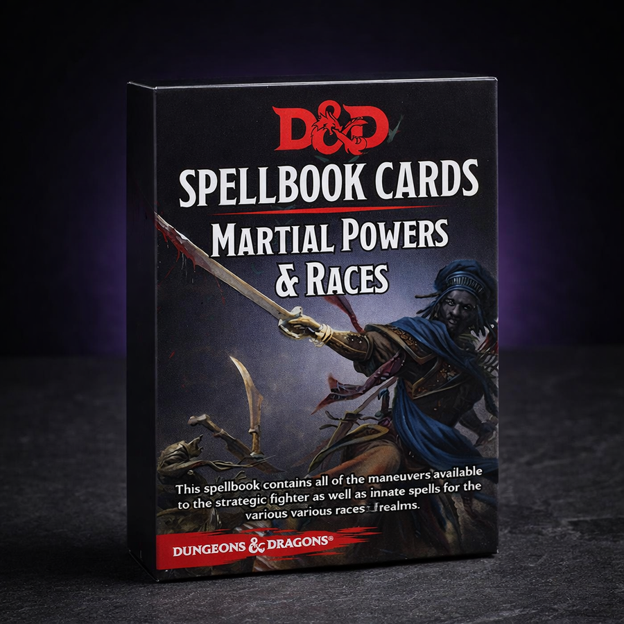 D&D Martial Powers and Races Spell Cards Deck on black slate tabletop Dice Armory studio background