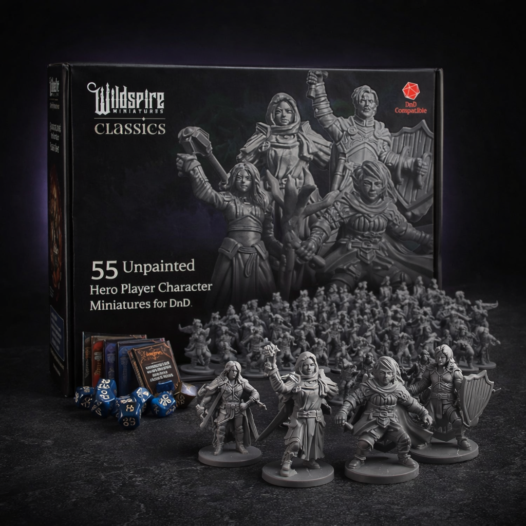 55 Unpainted Hero Player Character Miniatures for DnD on black slate tabletop Dice Armory studio background