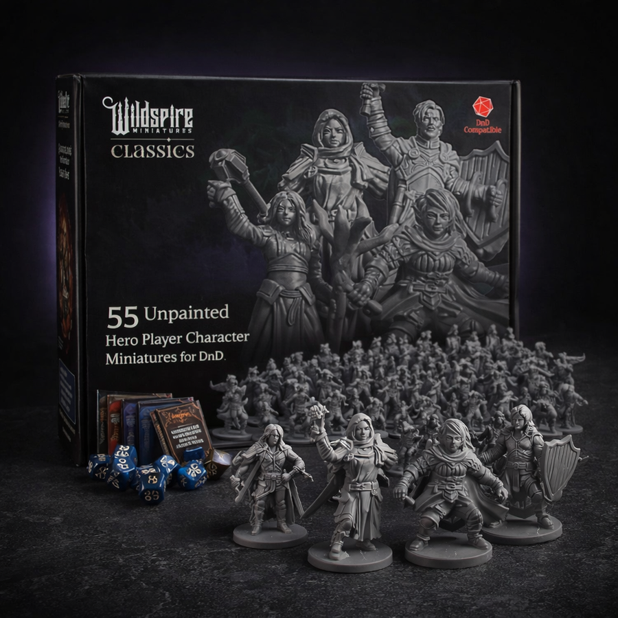 55 Unpainted Hero Player Character Miniatures for DnD on black slate tabletop Dice Armory studio background