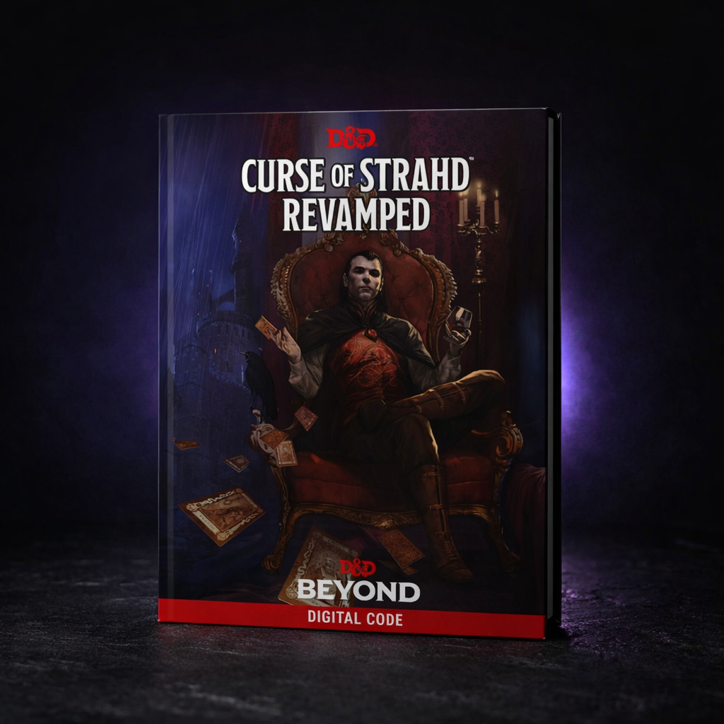D&D Curse of Strahd Adventure Book on black slate tabletop Dice Armory studio background