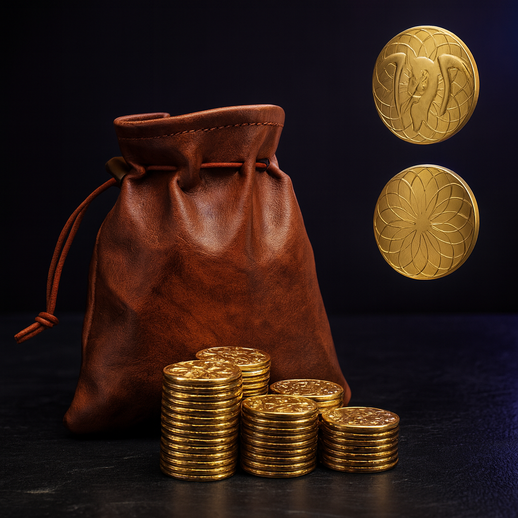 DnD Coins: 50 Gold Metal Fantasy Coins Treasure + PU Leather Bag