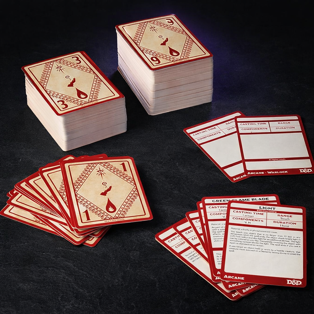 D&D Arcane Spellbook Cards Deck for Wizards and Sorcerers on black slate tabletop Dice Armory studio background