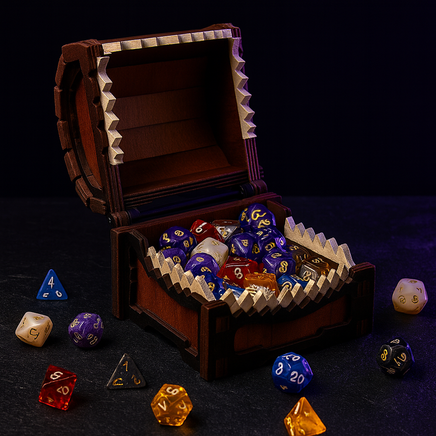 Grimjaw Wooden Mimic Dice Box, Teeth & Green Eyes Desk Decor