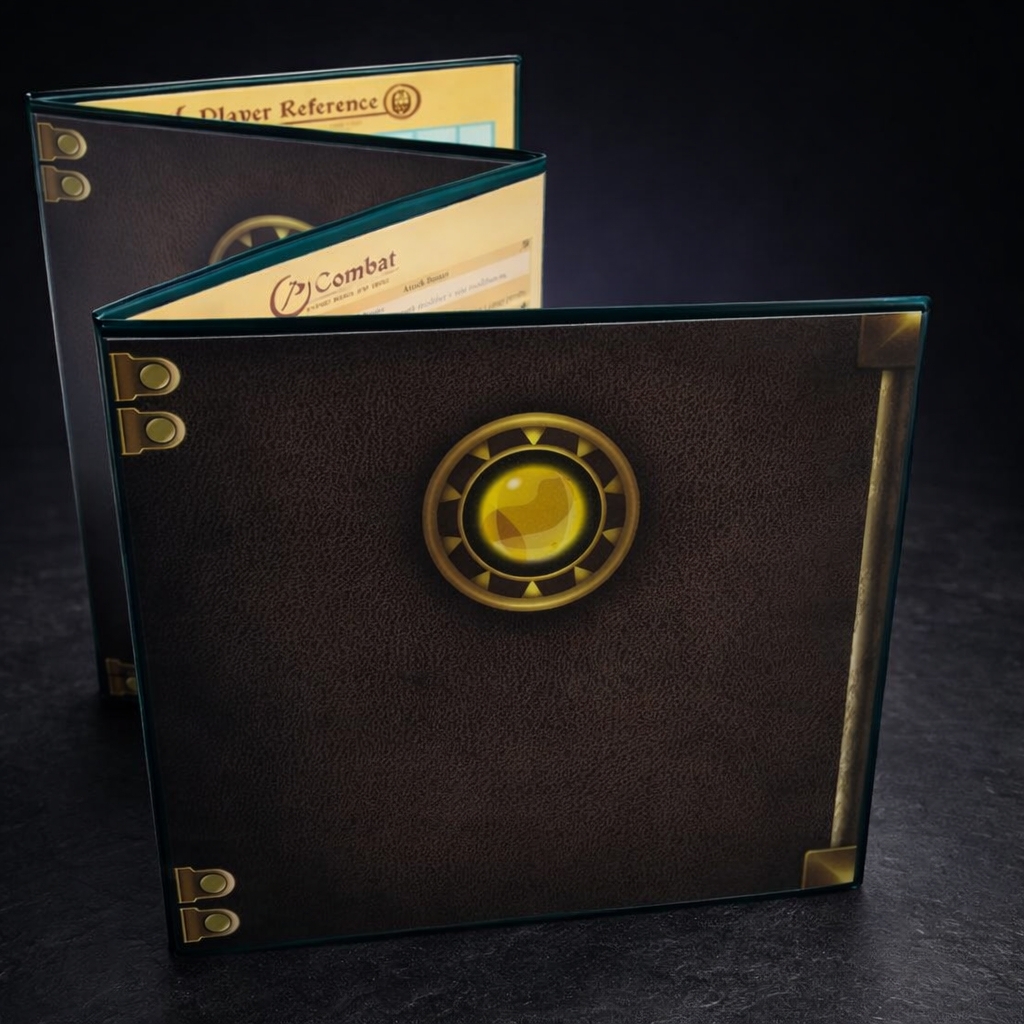 Customizable 4-Panel DM Screen with Dry Erase Inserts on black slate tabletop Dice Armory studio background