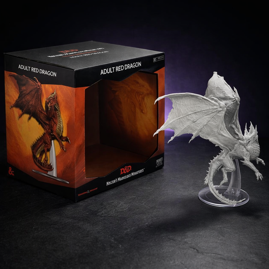 Adult Red Dragon Large Miniature Unpainted for DnD on black slate tabletop Dice Armory studio background