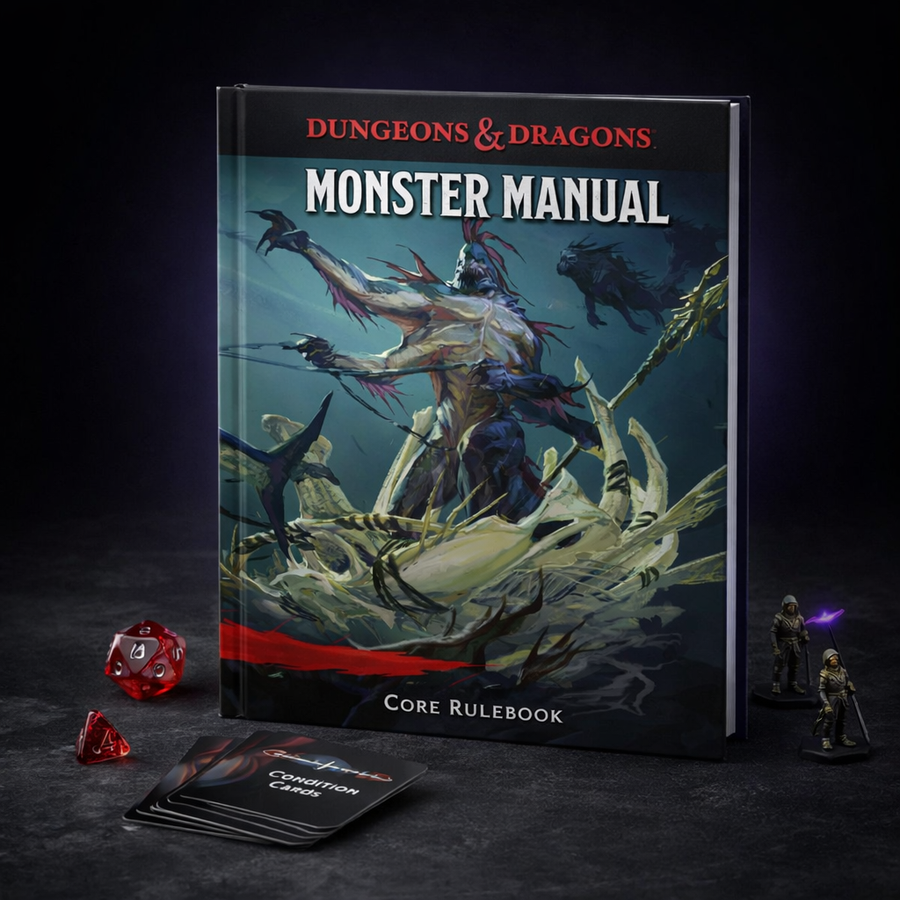 D&D 2024 Monster Manual Core Rulebook on black slate tabletop Dice Armory studio background