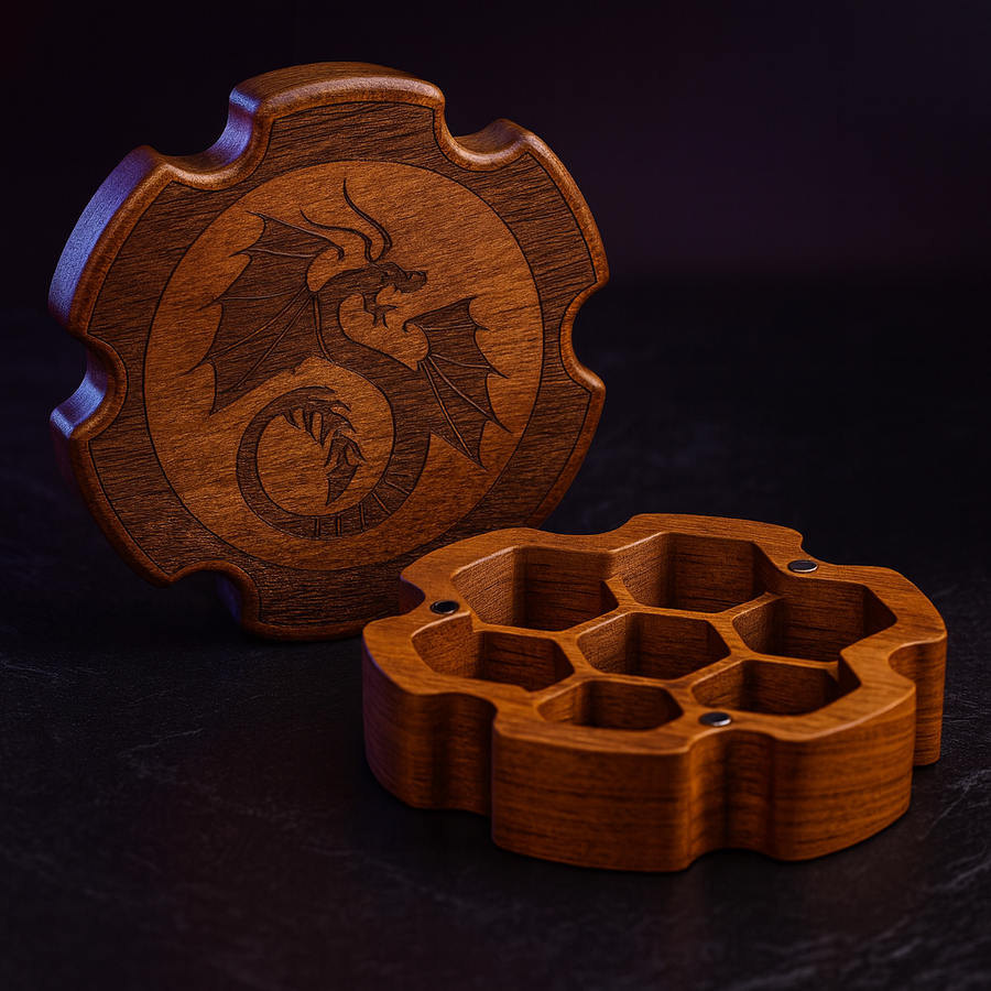 Sapele Wood Dice Box with Magnetic Closure for 7-Piece Set