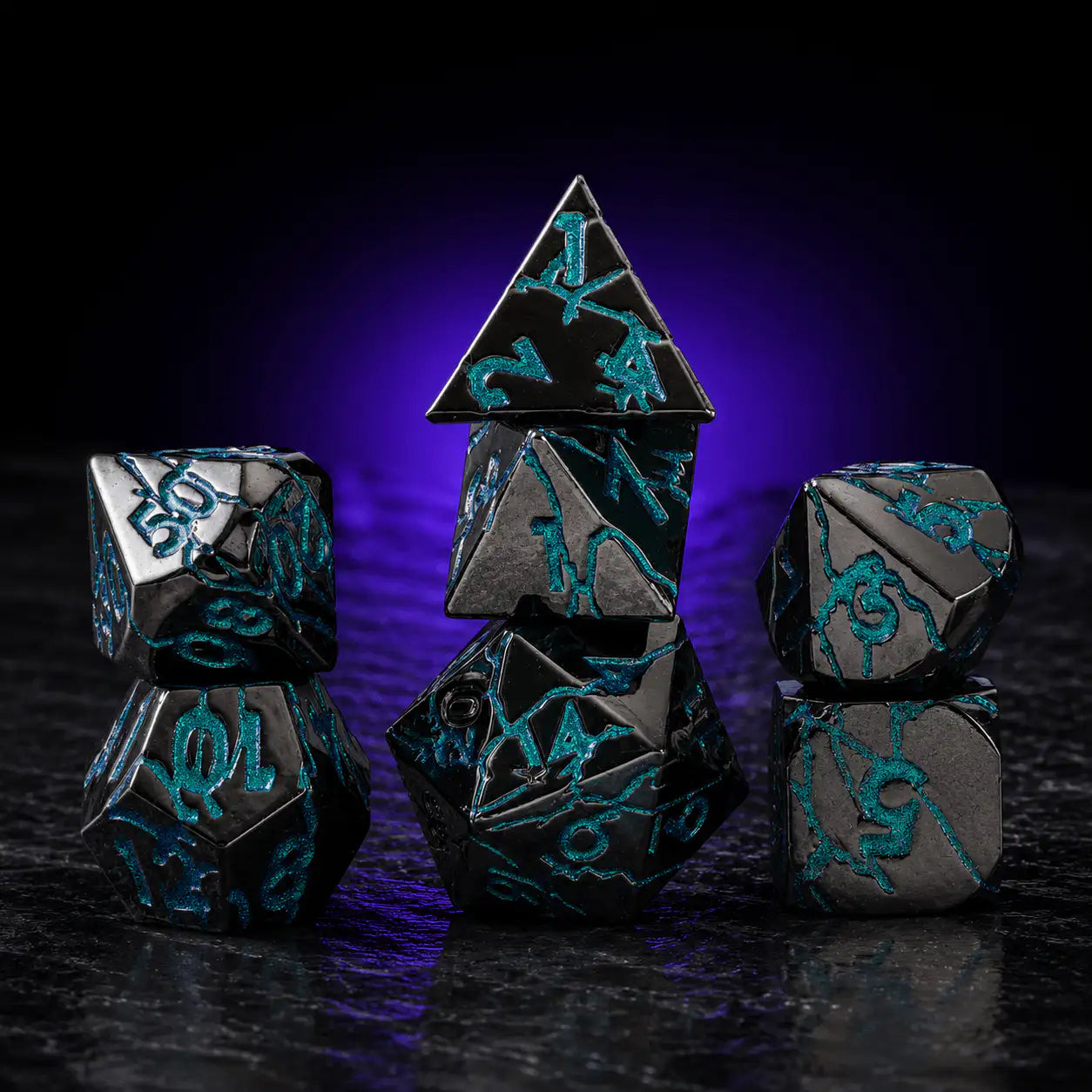 Cracked Metal Dice Set in Black Peacock Blue-green, DnD dice