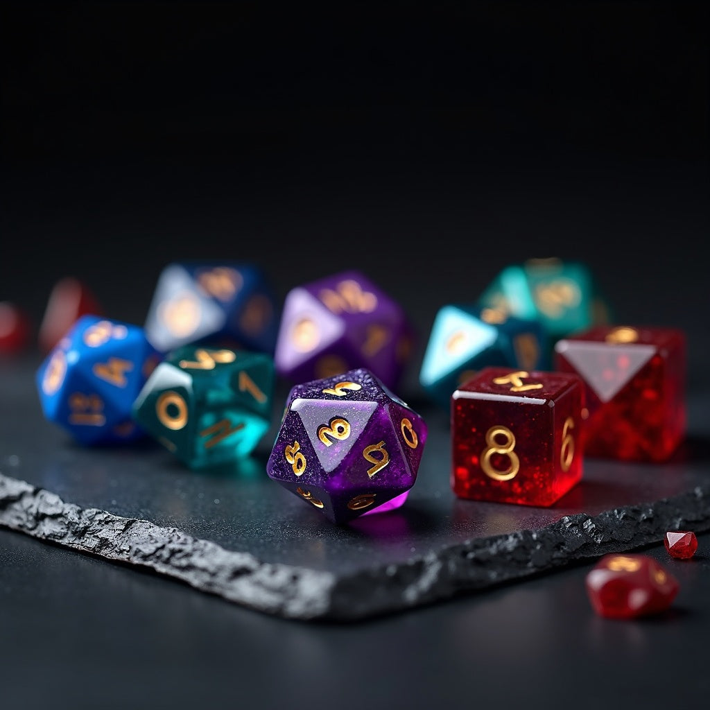 Bunte Polyeder-Würfel für Dungeons & Dragons in Lila, Blau, Türkis, Grün und Rot auf einer dunklen Schieferoberfläche